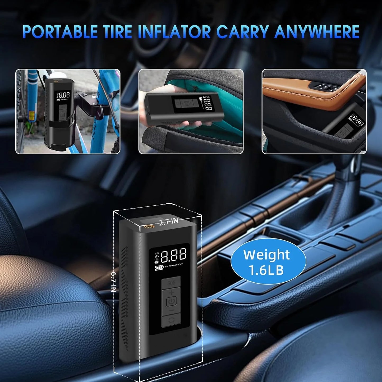 Portable Tire Inflator Air Compressor, 160 PSI Air Pump with 12000Mah Battery, 12V Dual Power