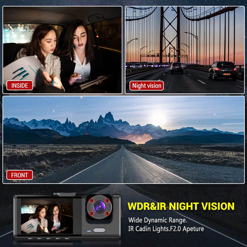 Dash Cam W/ IR Night Vision Loop Recording & 2" IPS Screen 1080P 3 Camera ， DVR Recorder, Video Recorder, Vehicle DVR