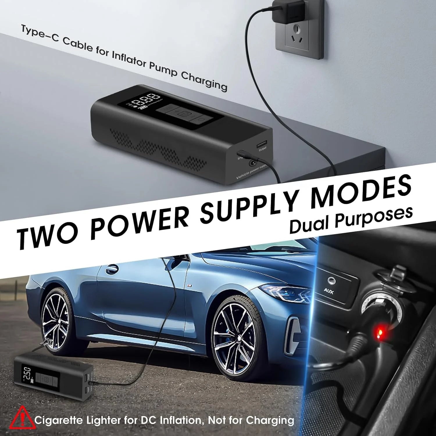 Portable Tire Inflator Air Compressor, 160 PSI Air Pump with 12000Mah Battery, 12V Dual Power