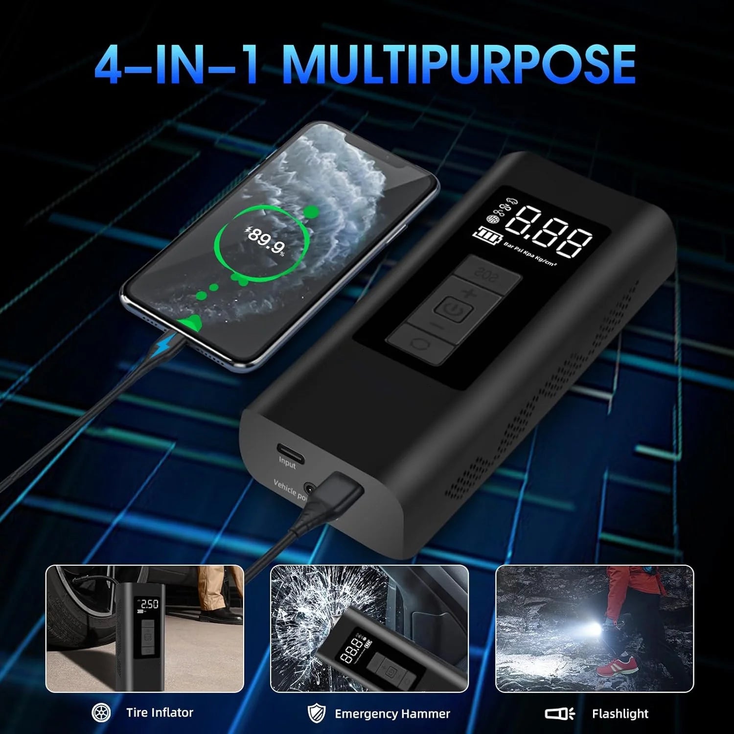 Portable Tire Inflator Air Compressor, 160 PSI Air Pump with 12000Mah Battery, 12V Dual Power